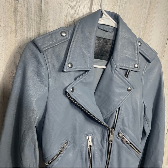 All Saints Moto Biker Zippered Belted 100% Lamb Leather Jacket size 0 Blue Gray - Picture 2 of 11